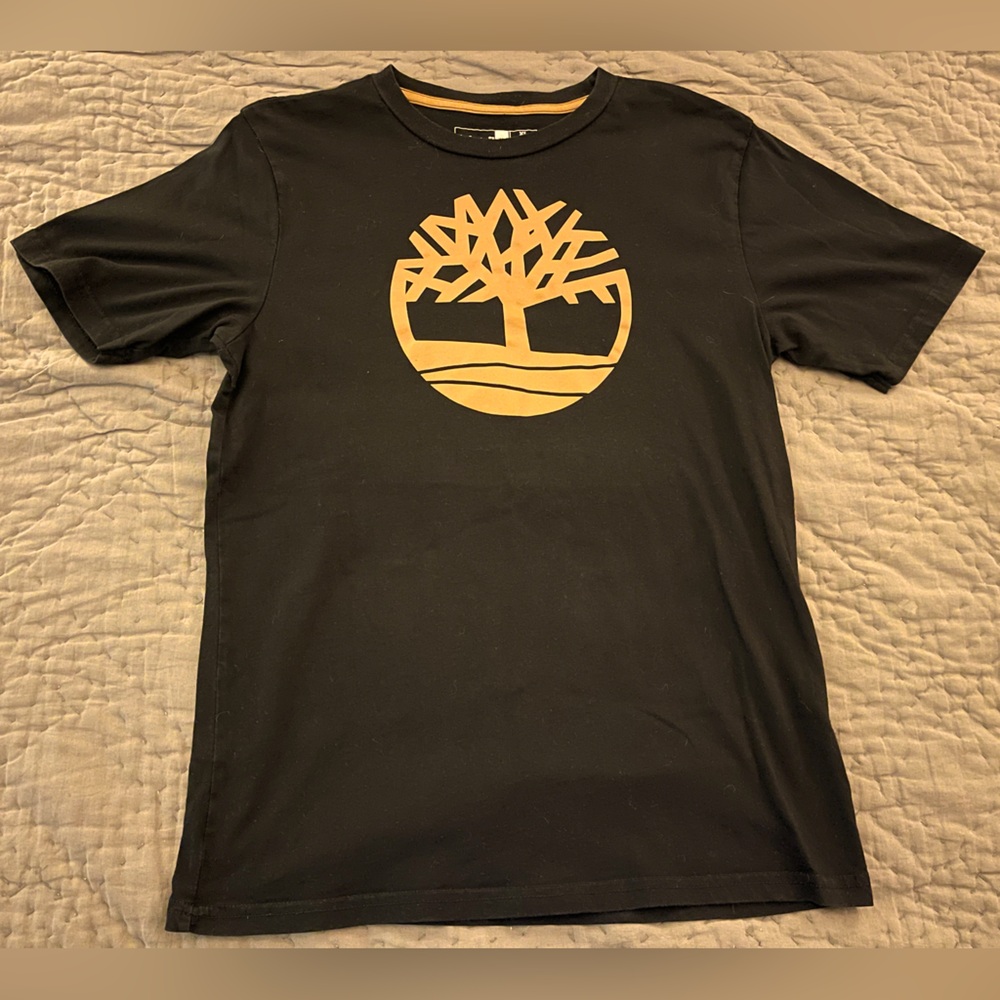 Timberland Black Coppery Gold Short Sleeve T Shirt Large Logo Top Teen XL 18/20